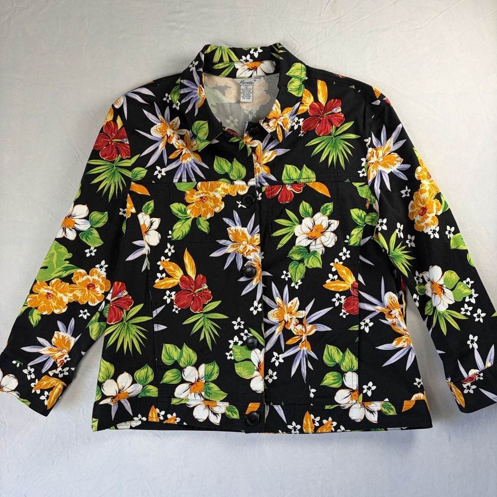 Mirette Womens‎ Floral Button Up Cotton Jacket Summer Size Large Classic Mature